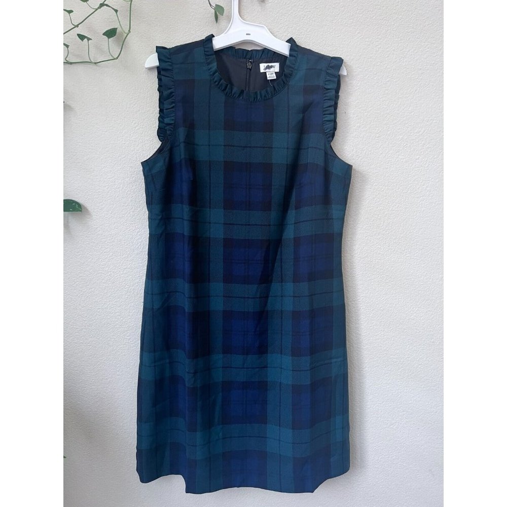 J.Crew Womens Green Black Watch plaid ruffle-neck suiting dress Petite 10P